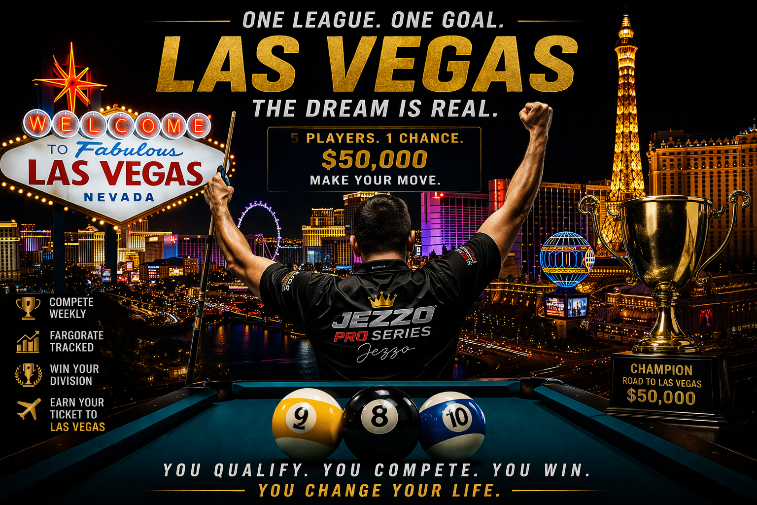 Las Vegas championship motivation banner with pool player and trophy